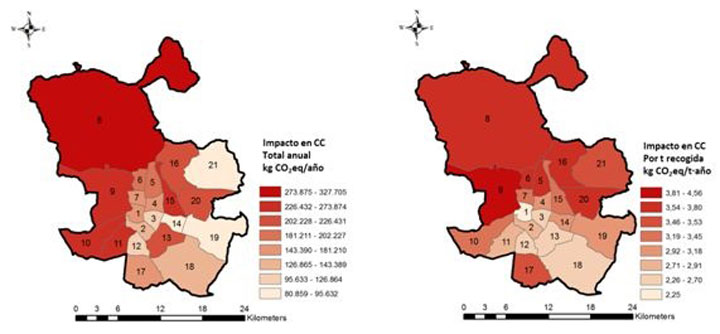 Impacto en cambio climtico asociado a la contenerizacin urbana para la recogida de RSU en la ciudad de Madrid: total y por tonelada de residuo recogido